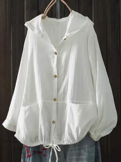 Women's Spring/Autumn Vintage Loose Casual Blouse, Plus Size Women Loose Hooded Button Up Top With Adjustable Drawstring Hem - Casual Vacation, Layered Design, Solid Color Fashion Front Button Drawstring Pocket Blouse Daily Wear