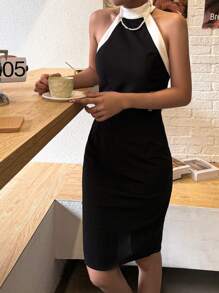 Women's Elegant Casual Minimalist Sleeveless Contrast Collar Zip-Up Split Hem Fitted Short Dress, Suitable For Back To School, Academic Season, Female Teachers, Wedding Guest, Business Casual, Basic Dress, Off-Shoulder Dress, Flowy Dress - Black and White - View 2