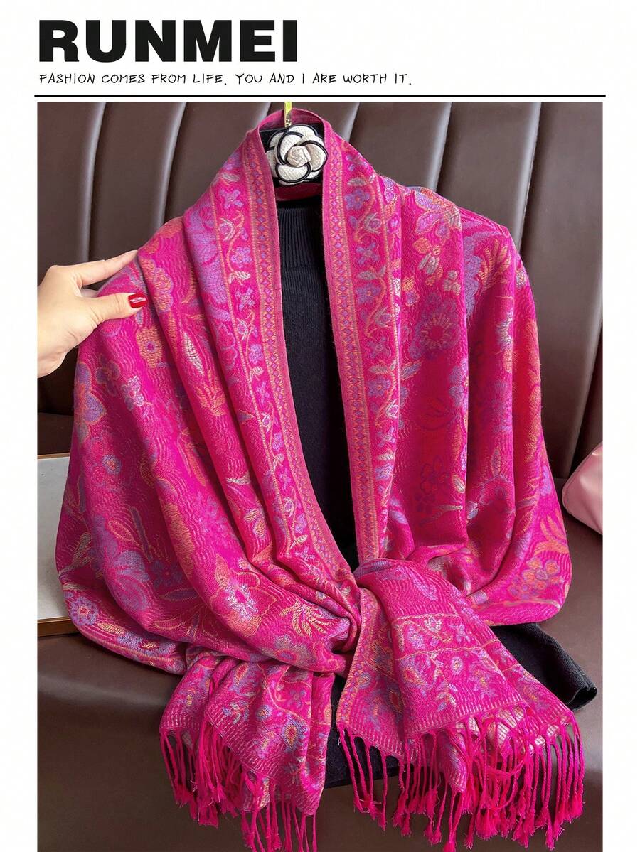 1件装女士亮丽佩斯利提花围巾/披肩，百搭日常佩戴，适合秋冬季服装搭配 - 玫紅色 - 查看 1