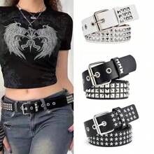 1件男女通用朋克风金属铆钉腰带，可调节，适合日常休闲佩戴，可作为礼物送给男友、丈夫、父亲，也适合休闲、商务、青少年、户外、度假、运动、旅行、波西米亚风、复古秋冬配饰。 - 黑色ND208 - 查看 3