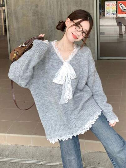 Women's Loose V-Neck Lace Patchwork Bow Knitted Sweater, Korean Style, Autumn/Winter