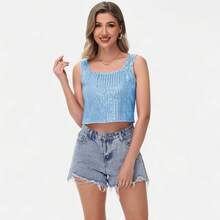 Women's Sequin Square Neck Tank Top With Sleeveless Design And Cropped Fit - Blue - Blue - View 6