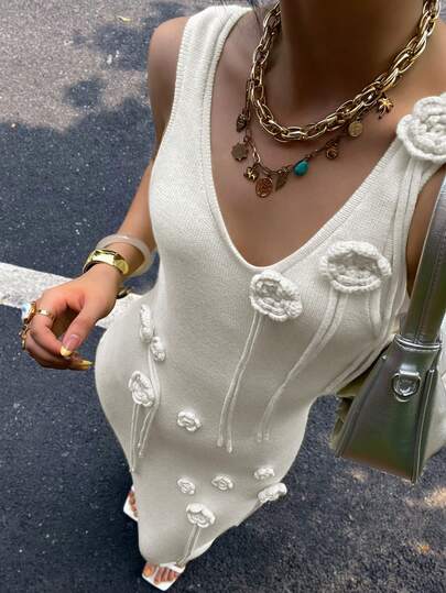 Summer Dresses For Women Sexy Beach Holiday Dress Women's Vacation Style V-Neck Halter Sexy Sheer Knitted Sweater Dress Three-Dimensional Flower Backless Embroidery Open Leg Sleeveless Floor-Length Satin Gown Maxi Spaghetti Strap Floral Bodycon Beach Outfits Long Cover Up Summer Side Slit Cocktail Party Elegant Ibiza Fits Dresses