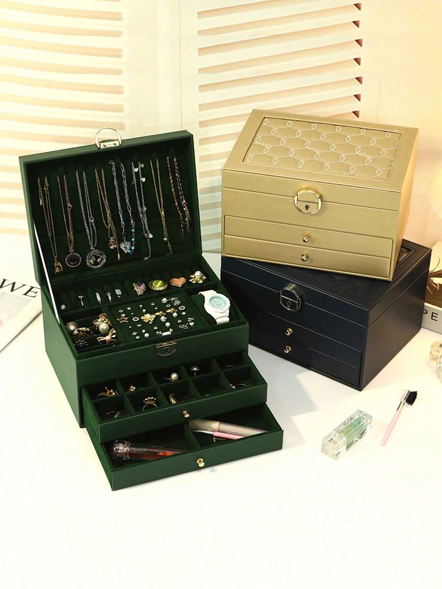 1pc Large Capacity 3-Layer Jewelry Box, PU Leather Multi-Function Jewelry Box, Lockable Watch Box, Portable Jewelry Storage Box, Dresser Jewelry Box With Drawers, Leather Jewelry Box Gift, Storage Box, Ring Earring Necklace Organizer