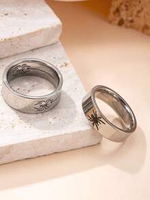 2pcs Stylish Stainless Steel Ring Sets, Personalized Halloween Couple Ring Sets, Glossy Punk Hip-Hop Style Spider Web Ring Sets - Multicolor - View 7