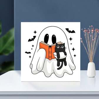 Cute Room Decor - Ghost And Cat Book - Office Decor, Bedroom Wall Art, Living Room Decor, Boho Decor, Bathroom Wall Decor, Desk Decor