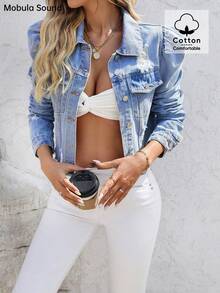 Chaqueta corta de mezclilla desgastada con mangas abullonadas, versátil y casual para mujeres en primavera y verano - Azul - Ver 1