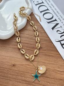 طقم قلادة متعدد الطبقات بطراز بوهيمي به نجوم وأصداف البحر ، مناسبة للارتداء اليومي وحفلات وأزياء الشاطئ