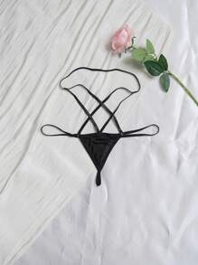 1pc Women Sexy Lingerie T-String Crotchless Panties With Strap, Sheer Black For Going Out