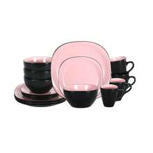 [Elegant Stoneware Dinnerware] 16pcs Elegant Square Black And Rose Stoneware Dinnerware Set For 4, Lead-Free & Scratch Resistant, Dishwasher & Microwave Safe, Includes Plates Bowls & Mug, Ideal For Holiday Entertaining, Daily Dining Use - Black and Rose - View 2