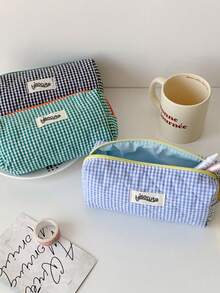 1 pieza Estuche de lápices a cuadros de color contrastante para estudiantes, bolsa de almacenamiento de artículos de papelería, bolsa de almacenamiento de cosméticos y artículos varios de gran capacidad