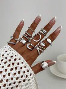 14pcs/Set Minimalist Punk Fashion Multi-Element Asymmetrical Wave Geometric Round Water Drop Rings, Vintage Metal Gold Color Thick Ring Set, Suitable For Women Daily Wear, Holiday Decoration, Party Outfit, Festival Gift