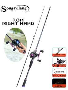 SOUGAYILANG Combo canna da pesca e mulinello, canna in fibra di carbonio a 2 sezioni da 1,8 m, mulinello baitcasting, bobina in alluminio liscio, rapporto di ingranaggi ad alta velocità 7,2:1, con filo da pesca in nylon, esche da pesca e accessori, ambidestro, media potenza (le specifiche del filo da pesca e gli stili e i colori degli accessori sono casuali) - Viola - Visualizzare 15