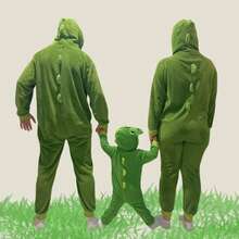 Pijama Temático Fofinho Macacão masculino para Adulto Dinossauro Kigurumi Meninos Original ideal para Festa do Pijama, Viagem, Festa Fantasia, Lazer, Dias Frio Inverno - Verde Escuro - Visão 4