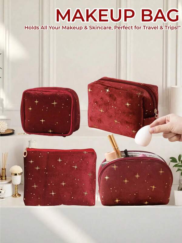 1PC Luxury Velvet Star Makeup Bag For Women - Glam Gold Cosmetic Organizer, Zippered Travel Toiletry Pouch, Christmas Gift Birthday Present, Beauty&Accessories