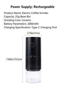 1pc Upgraded External Adjustment Gear Electric Coffee Grinder, Automatic Coffee Bean Machine, 2000mAh Rechargeable Coffee Machine, Professional Ceramic Grinding Core Grinder With 38 Levels External Coarse And Fine Grinding Adjustment