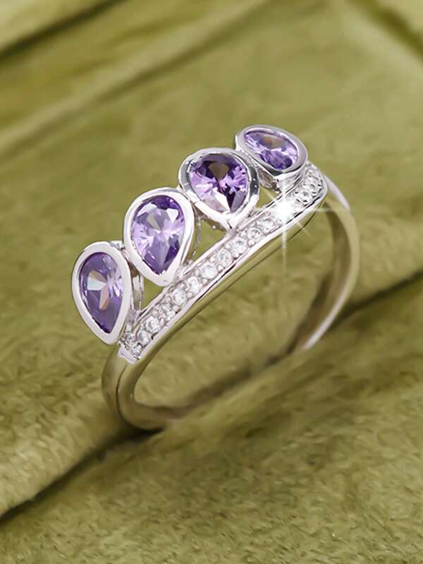 1pc Fashion Minimalist Casual Retro Versatile Ring, Inlaid With Multiple Teardrop Stones - Women's Couples Street Casual Commute Holiday Party Wear, Graduation Gift, Copper Zirconia Jewelry Ring