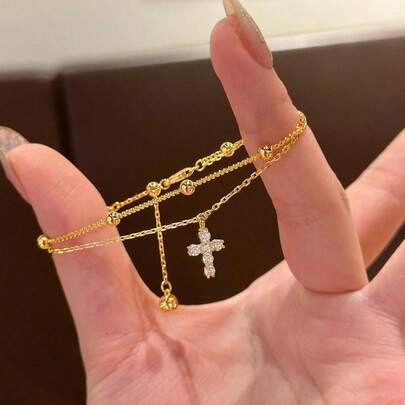 1pc S925 Sterling Silver Elegant Double-Layer Cross Bracelet, Suitable For Women's Daily Wear, Party, Birthday, Valentine's Day And Other Occasions, Exquisite Jewelry