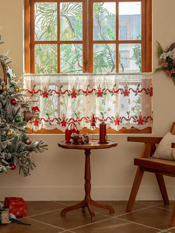 1pc Charming Christmas Candle Festival Embroidered Colorful Sheer Curtain With Rod Pocket Design For Easy Hanging, Perfect For Living Room & Bedroom Decor Curtains For Living Room Curtains For Bedroom, Festival Decoration, No Rod With Rod Pocket Design For Easy Hanging- Adjustable, Washable, Different Sizes Perfect For Bedroom, Canteen, Kitchen, Or Coffee Shop Decor, No Rod