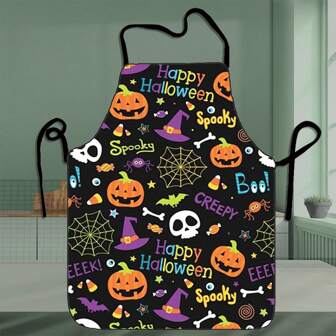 1 pezzo Grembiule da cucina a tema Ognissanti con elementi come zucca, teschio, ragnatela, cappello da strega, in fibra di poliestere, lavabile a mano, superficie lucida, adatto per uso domestico e professionale