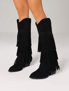 Women's Retro Fringe Knee High Cowboy Boots Fashion Pointed Toe Block Chunky High Heels Pull On Vintage Western Cowgirl Boots - màu đen - Xem 3