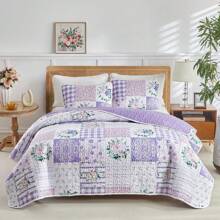 3 Pieces Floral Quilt Set Queen, Patchwork Purple N Pink Flowers Design, Smooth Soft Microfiber Quilt, Bedspread Bed Cover For All Season, 1 Quilt And 2 Pillow Shams- 90x90 Inches,10952955 - 淺灰紫 - 查看 1