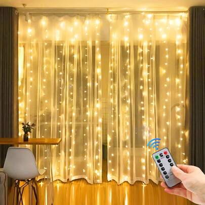 1 pieza Luces de cortina de 3M con 100/200/300 LED, con enchufe USB, 8 modos de luz cálida/blanca, con control remoto, adecuado para decoración de habitaciones, fiestas, bodas, paredes blancas, y decoraciones navideñas, de Halloween, Acción de Gracias, regalo de guirnaldas de luces de hadas