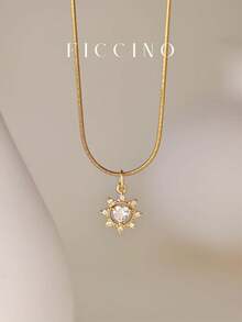 FICCINO 迷你心形镀金立方氧化锆波西米亚风吊坠项链，钛钢镀金女士蛇形链项链，优雅锁骨链，日常百搭饰品，朋友/周年纪念/节日礼物，附赠礼盒 - 1569n - 查看 5