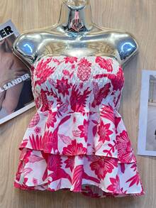 Printed Cropped Blouse With Elastic Ruffle - 玫紅色 - 查看 1