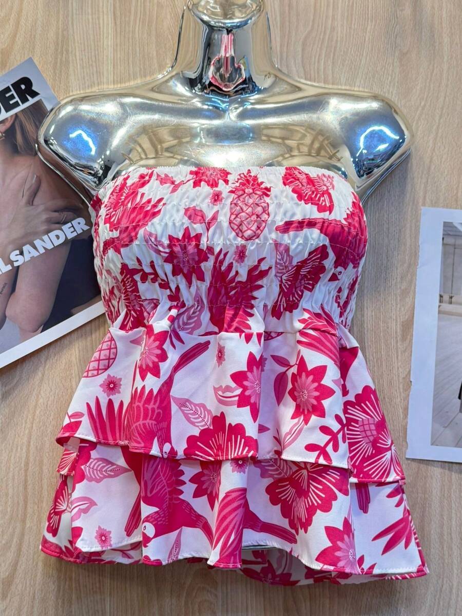 Printed Cropped Blouse With Elastic Ruffle - 玫紅色 - 查看 1