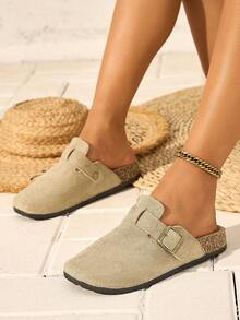 女士方头平底穆勒鞋一脚蹬休闲乐福鞋优雅舒适适合春季、秋季、派对、海滩、厚底平底鞋 - 卡其色 - 查看 1