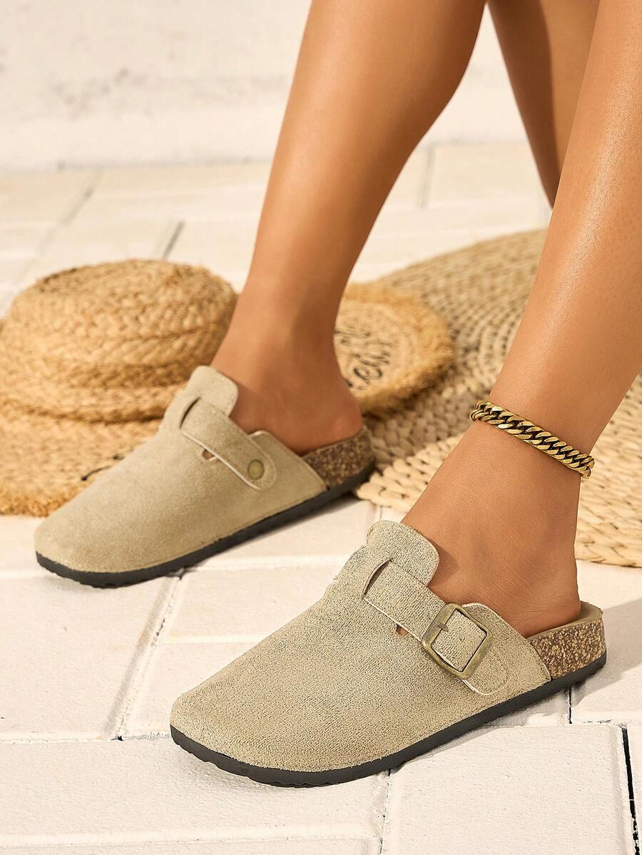 女士方头平底穆勒鞋一脚蹬休闲乐福鞋优雅舒适适合春季、秋季、派对、海滩、厚底平底鞋 - 卡其色 - 查看 1