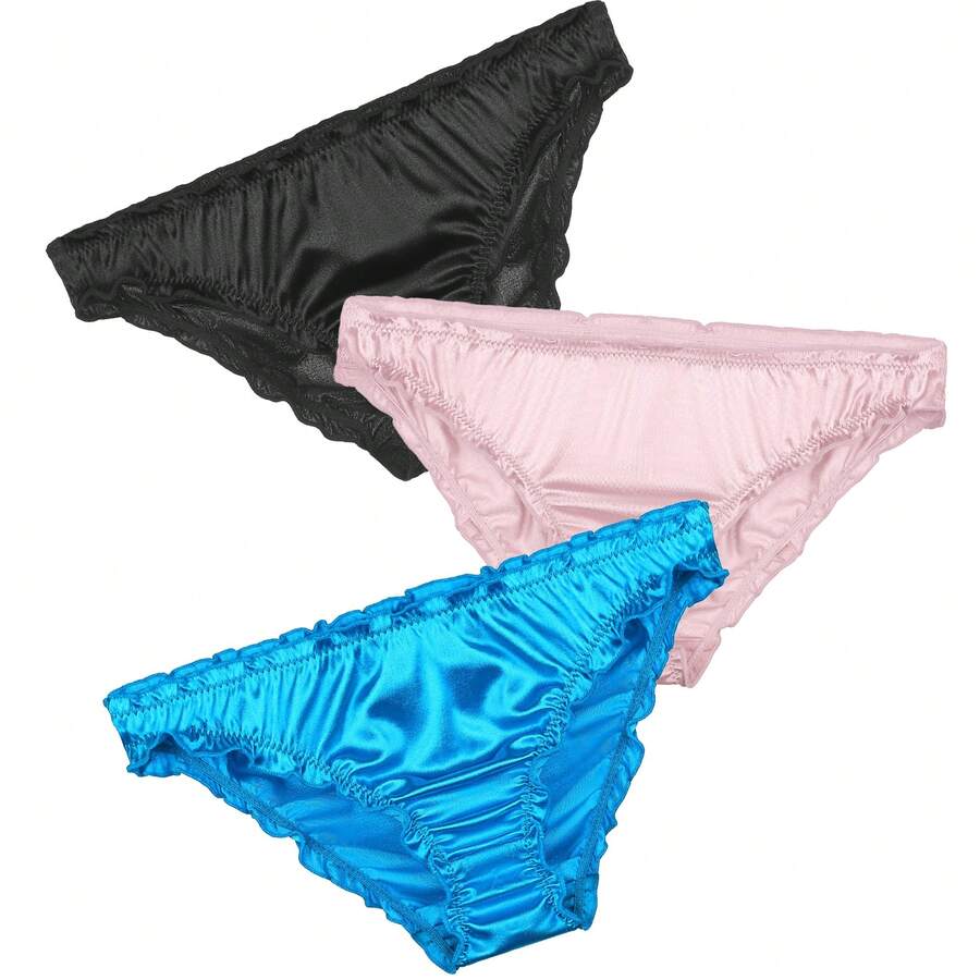 Women's Frill Trim 3 Piece Underwear Briefs Hipster Panty Satin Panties - 黑色,粉紅色,藍色 - 查看 1