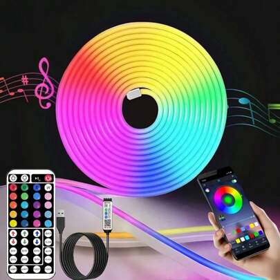1pc 1M-5M RGB Neon Light, Flexible Changeable Color Cuttable Multifunctional RGB LED Neon Strip Light With Remote Control, App Control - USB Powered, Multi-Color Gaming & Bedroom Decor Lighting, Computer Accessory