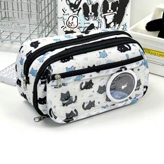 1 pieza Estuche de lápices con patrón minimalista de gato de nieve, bolsa de papelería de gran capacidad para estudiantes, monedero de dibujos animados lindos, bolsa de almacenamiento de cosméticos