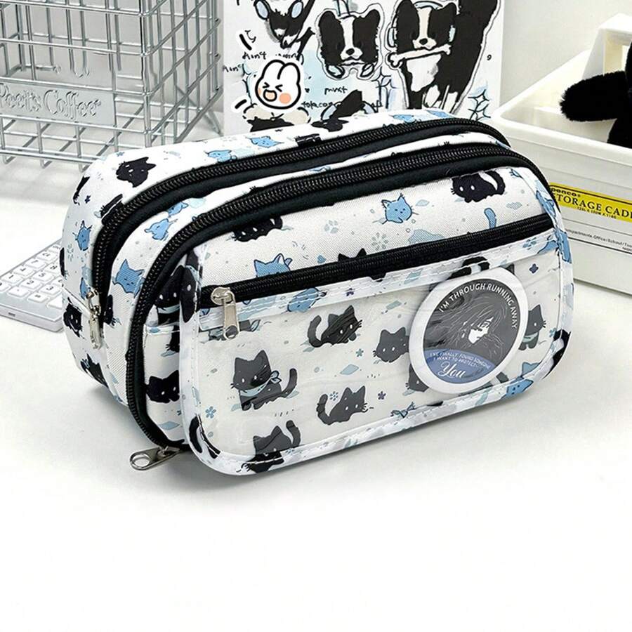 1个极简雪猫图案铅笔盒，大容量学生文具包，卡通可爱零钱包化妆品收纳袋