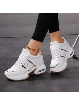 Women'S Casual Sneakers | Breathable Mesh & PU Cover | Comfortable Thick Sole With Air Cushion | Lace-Up Hight Tops | All-Season Wear | Neutral Tone Design, Allseason Shoes | Minimalist Sneakers | Pu Cover Sneakers, Ladies Sneakers