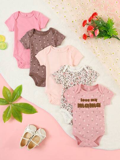 DILAVEL 5pcs/Set Summer New Baby Girl Outfits, Rompers, Jumpsuits, Floral & Letter Embroidered Cute Princess Style Outdoor Infant Clothing