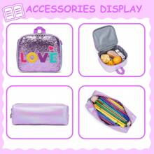 3 件套女童背包 猫咪/爱心图案 小学背包 带午餐袋和铅笔袋 返校 - 紫色 - 查看 6