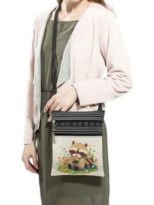 Cute Cartoon Raccoon Pattern Crossbody Bag, Unisex Reusable Shoulder Bag For Daily Casual Wear, Messenger Bag, Kawaii Animal & Colorful Floral Print Storage Bag, Portable Shoulder Bag, Party Gift For Raccoon Lovers - White - View 3