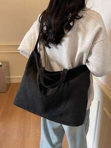 Túi tote vải xanh dung tích lớn, phong cách tối giản Nhật Bản, thích hợp đi làm, có dây đeo vai, thường ngày, đa năng, phù hợp sử dụng hàng ngày, văn phòng, trường học, mua sắm, phù hợp cho phụ nữ, sinh viên đại học, chuyên gia trẻ - màu đen - Xem 4