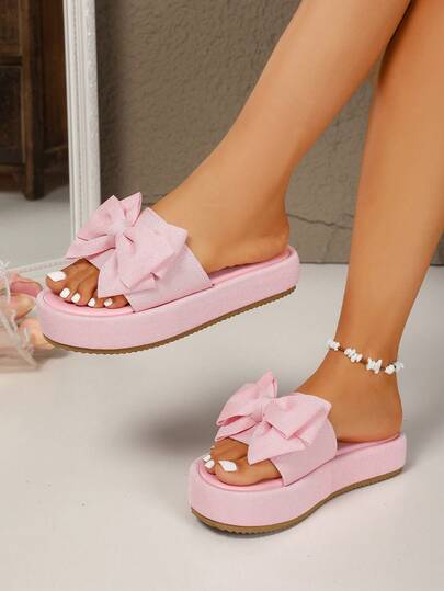Fashionable Personalized Bowknot Platform Sandals, Comfortable Thick Sole Slides For Teens