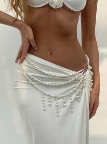 1pc Sexy Beach Pearl Tassel Waist Chain Elegant Vacation Multi-Layer Faux Pearl Tassel Body Chain Bikini Chain Jewelry, Suitable For Beach Vacation, Seaside, Summer