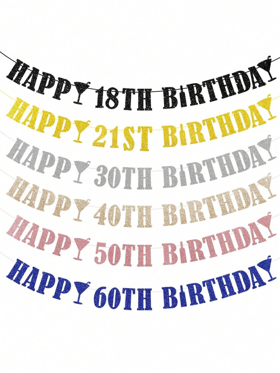 1pc HAPPY BIRTHDAY Pull Flag, 18/21/30/40/50/60 Black/Gold/Silver/Rose Gold/Champagne Gold/Blue Birthday Party Decoration Pull Flag Banner - Multicolor - View 1
