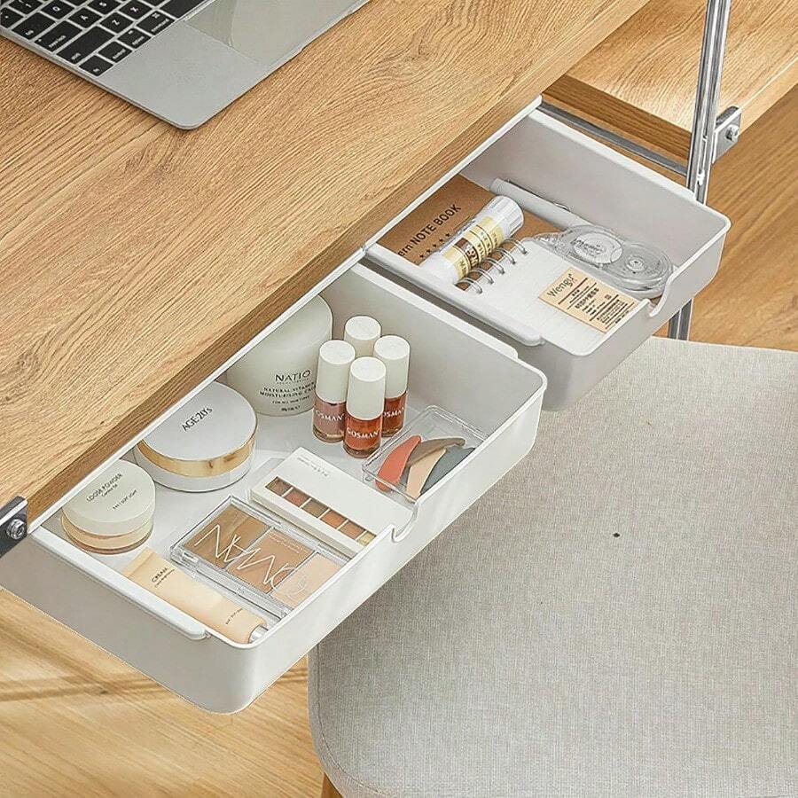 NEW2 Pack Under Desk Drawer Large Medium SelfAdhesive Under Desk Organizer Hidden Under Desk Storage Box Cosmetics Case Stick On Under Table Tray Holder For Cutlery Office Supplies Stationery - 白色 - 查看 1