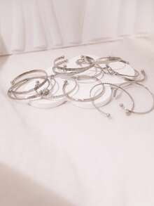 Set de 12 pulseras con diseños de estilo europeo y americano de moda, que incluye flechas, flores, hexágonos exagerados y pulseras multicapa ajustables, un regalo de joyería - Plateado - Ver 3