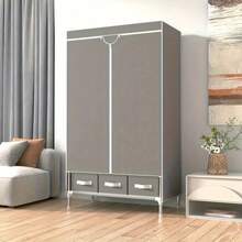 Portable Clothes Closet Rolling Door Wardrobe With Hanging Rack Non-Woven Fabric Storage Organizer With Three Drawer Boxes No-Tool Assembly - 67in*35.4in*17.7in(Gray) - Xám - Xem 5
