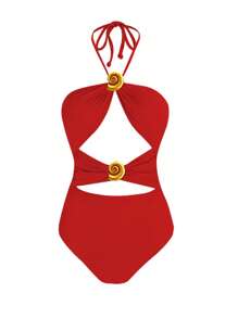 Sexy One-Piece Swimsuit Women Solid Color Plunge 2 Pieces Beachwear Conch Bikini Set With High Split Beach Skirt Resort Wear