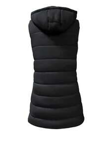 Elegant Women's Thickened Warm Hooded Vest - Solid Color, Long Sleeve, All Season Jacket, Fashionable Streetwear, All Season Coat, Chic Streetwear, Outerwear, Solid Color Zipper Pocket With Drawstring - Black - View 3