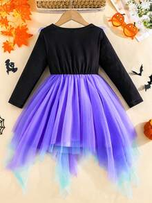 Little Toddler Girl Halloween Dress Bat Print Ruffled Trim Crew Neck Long Sleeve A Line Irregular Hem Mesh Dress - 紫色 - 查看 3